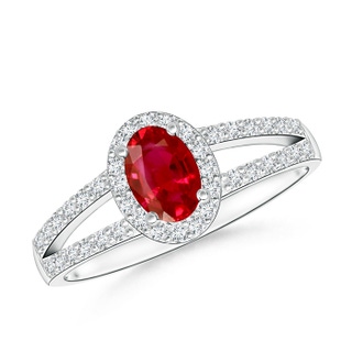 6x4mm AAA Oval Ruby Split Shank Halo Ring in White Gold