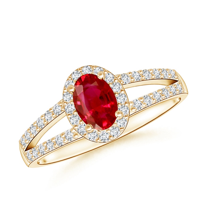 6x4mm AAA Oval Ruby Split Shank Halo Ring in Yellow Gold
