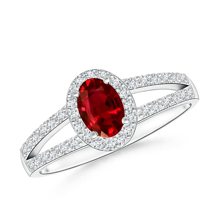 6x4mm AAAA Oval Ruby Split Shank Halo Ring in P950 Platinum