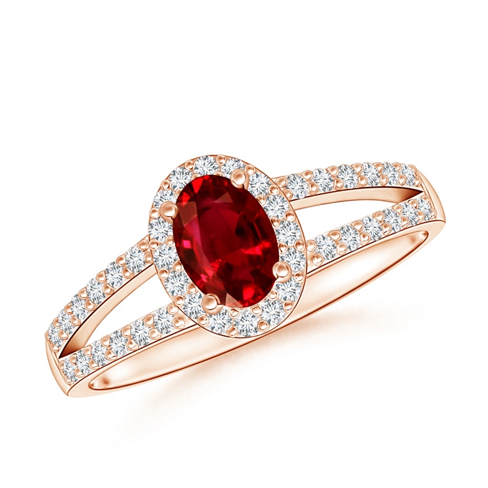 6x4mm AAAA Oval Ruby Split Shank Halo Ring in Rose Gold 