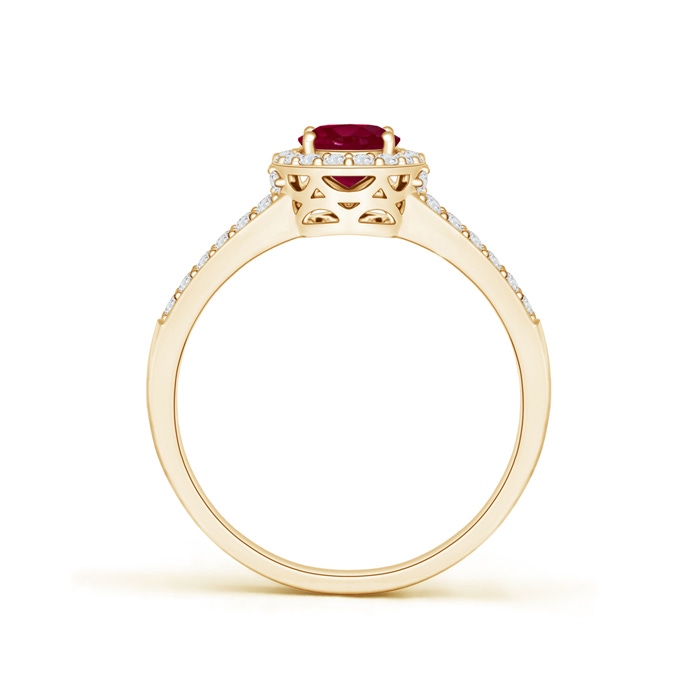 7x5mm A Oval Ruby Split Shank Halo Ring in Yellow Gold product image