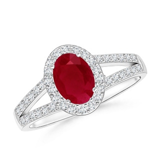 7x5mm AA Oval Ruby Split Shank Halo Ring in White Gold