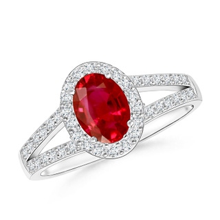 7x5mm AAA Oval Ruby Split Shank Halo Ring in P950 Platinum