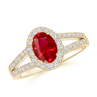 7x5mm AAA Oval Ruby Split Shank Halo Ring in Yellow Gold