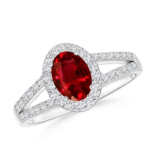7x5mm AAAA Oval Ruby Split Shank Halo Ring in P950 Platinum