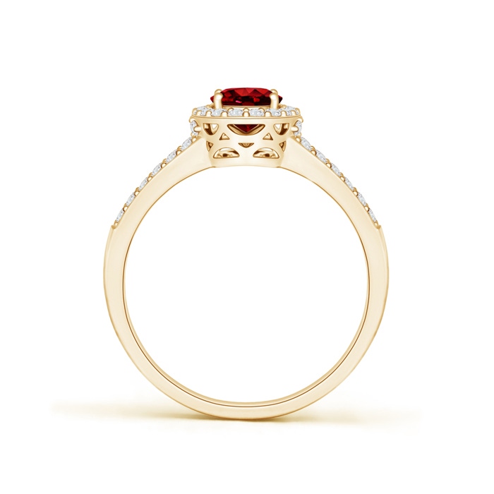 7x5mm AAAA Oval Ruby Split Shank Halo Ring in Yellow Gold product image