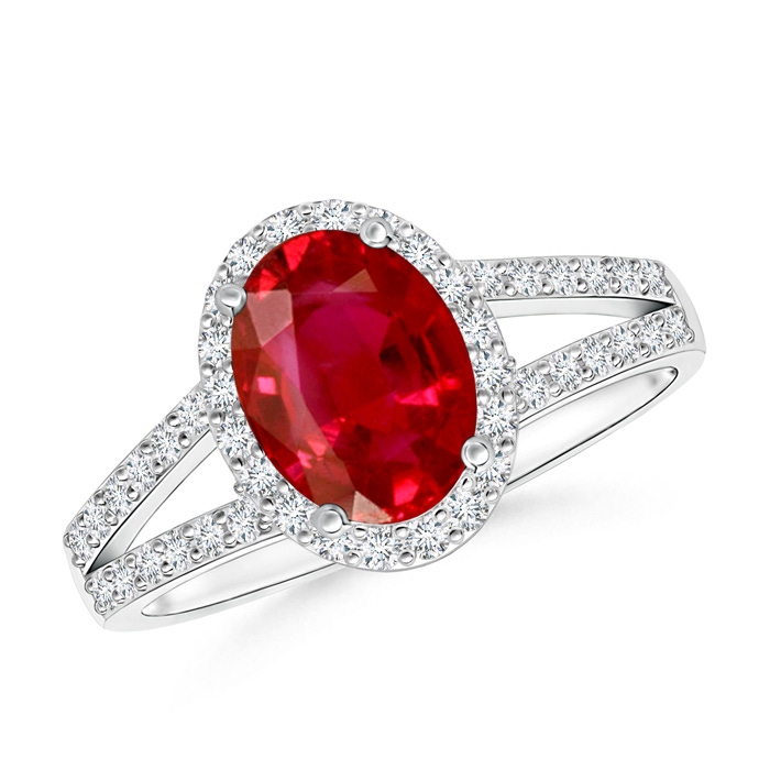 8x6mm AAA Oval Ruby Split Shank Halo Ring in P950 Platinum 