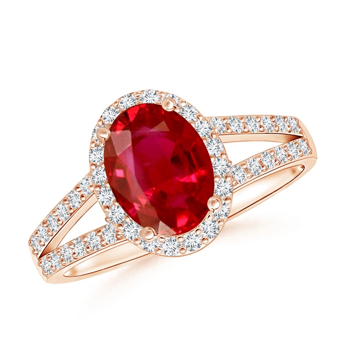 8x6mm AAA Oval Ruby Split Shank Halo Ring in Rose Gold 