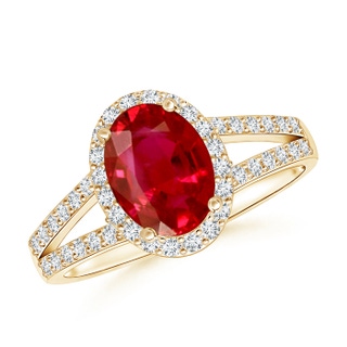 8x6mm AAA Oval Ruby Split Shank Halo Ring in Yellow Gold
