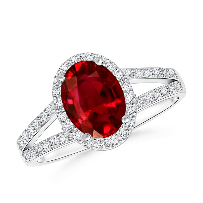 8x6mm AAAA Oval Ruby Split Shank Halo Ring in P950 Platinum 