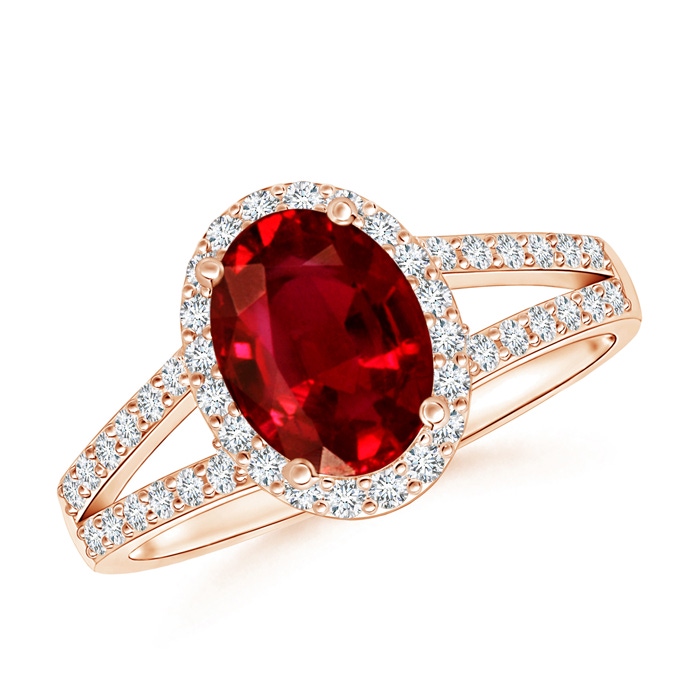8x6mm AAAA Oval Ruby Split Shank Halo Ring in Rose Gold 