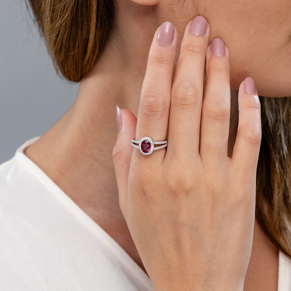 Oval Ruby Split Shank Halo Engagement Ring | Angara