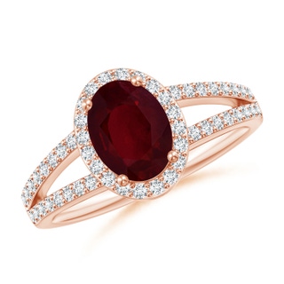 8.75x6.84x4.30mm AAAA GIA Certified Oval Ruby Split Shank Halo Ring in 18K Rose Gold