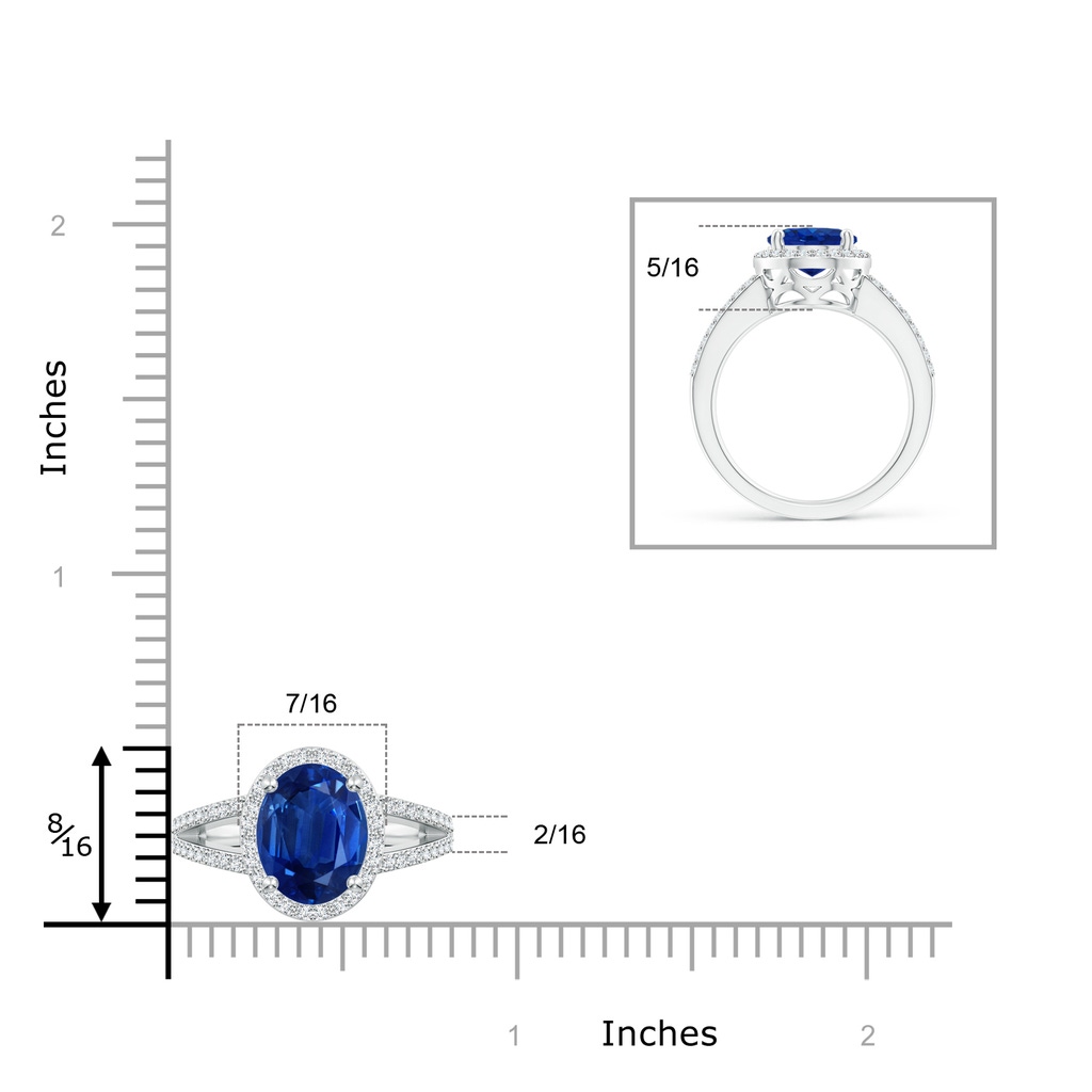 10x8mm AAA Oval Blue Sapphire Split Shank Halo Ring in White Gold Ruler