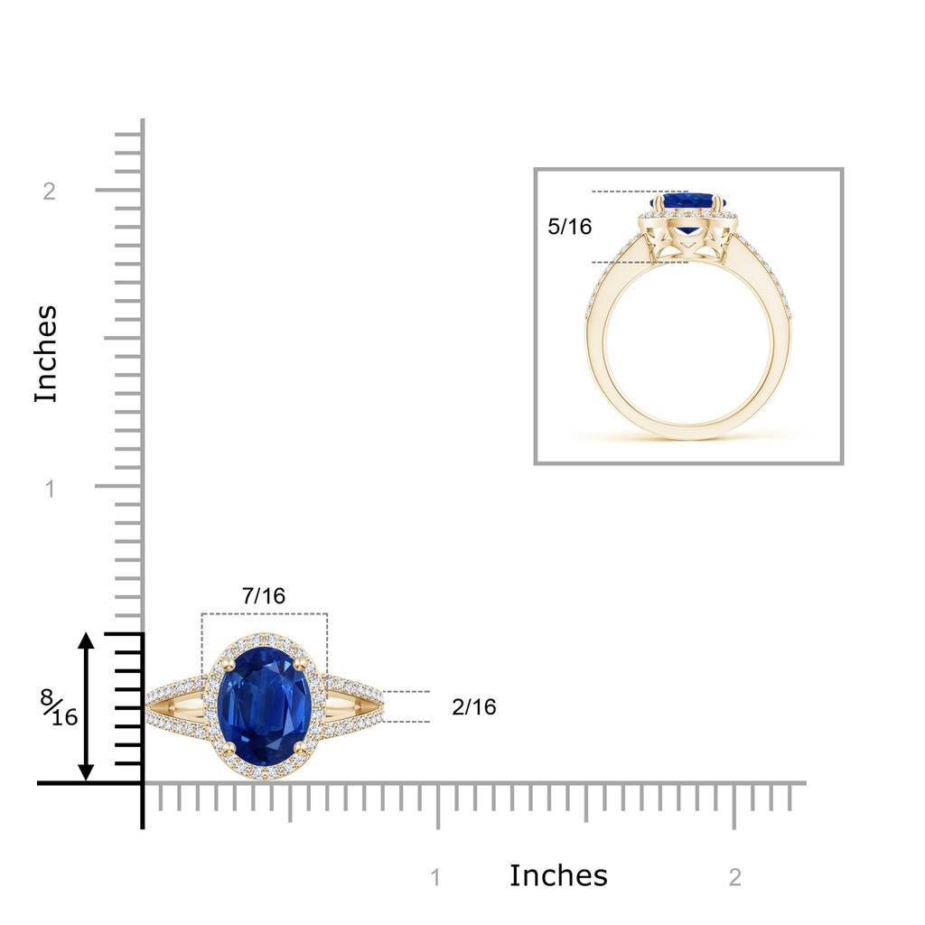 10x8mm AAA Oval Blue Sapphire Split Shank Halo Ring in Yellow Gold Ruler