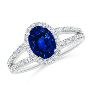 8x6mm AAAA Oval Blue Sapphire Split Shank Halo Ring in White Gold