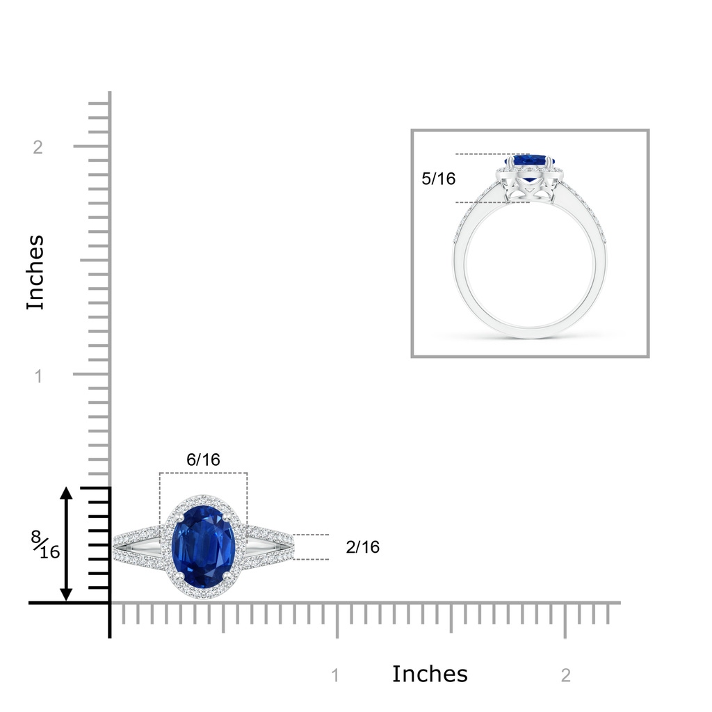 9x7mm AAA Oval Blue Sapphire Split Shank Halo Ring in White Gold Ruler