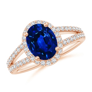 9x7mm AAAA Oval Blue Sapphire Split Shank Halo Ring in Rose Gold