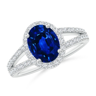 9x7mm AAAA Oval Blue Sapphire Split Shank Halo Ring in White Gold