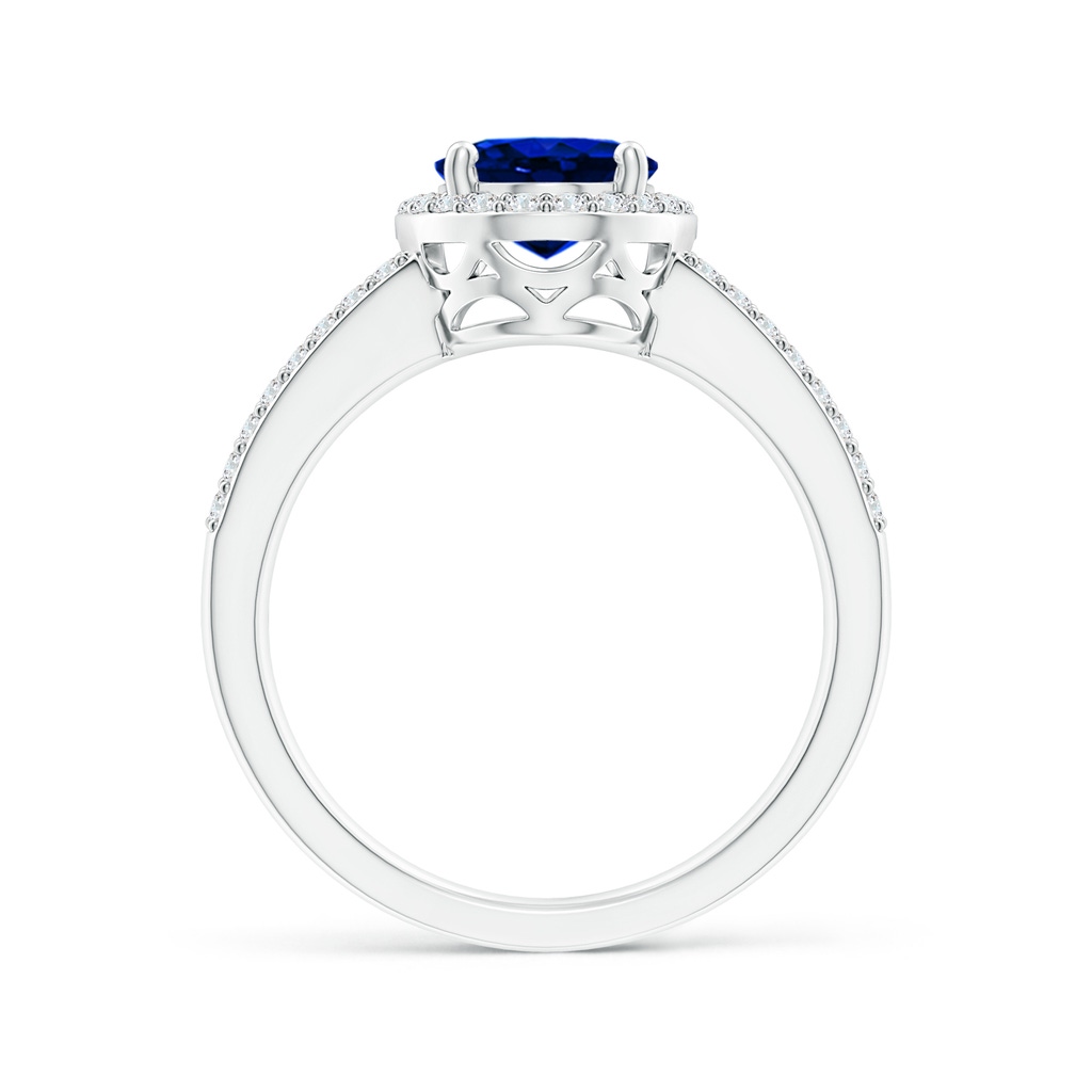 9x7mm AAAA Oval Blue Sapphire Split Shank Halo Ring in White Gold Side 1