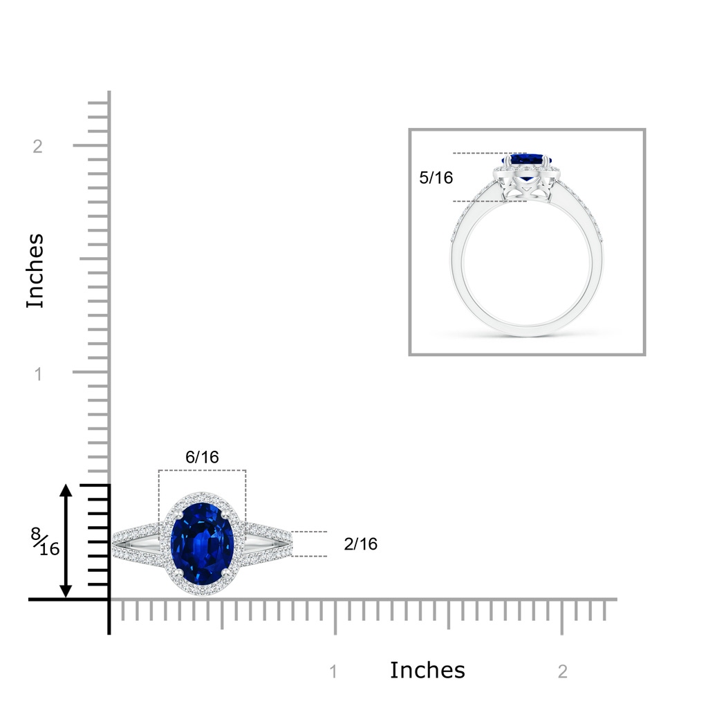 9x7mm AAAA Oval Blue Sapphire Split Shank Halo Ring in White Gold Ruler