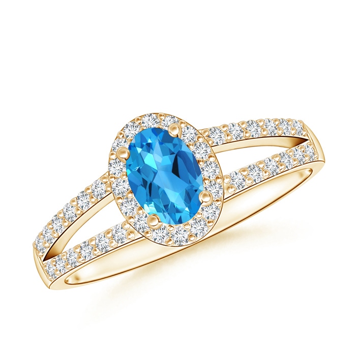 6x4mm AAAA Oval Swiss Blue Topaz Split Shank Halo Ring in Yellow Gold