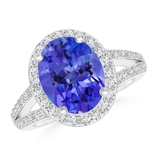 10x8mm AAA Oval Tanzanite Split Shank Halo Ring in White Gold