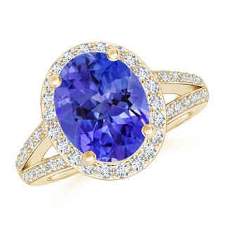 10x8mm AAA Oval Tanzanite Split Shank Halo Ring in Yellow Gold