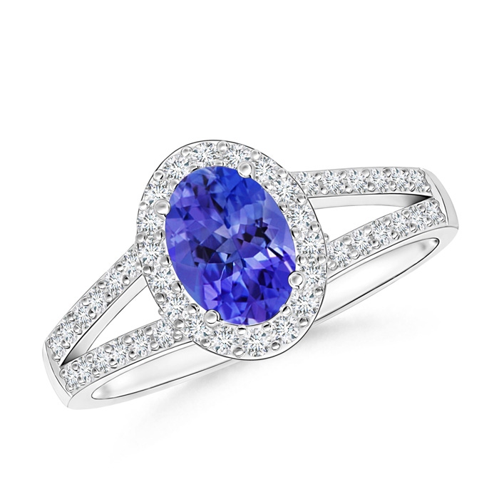 7x5mm AAA Oval Tanzanite Split Shank Halo Ring in White Gold