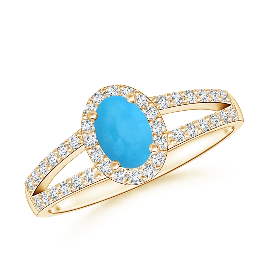 6x4mm AAA Oval Turquoise Split Shank Halo Ring in Yellow Gold