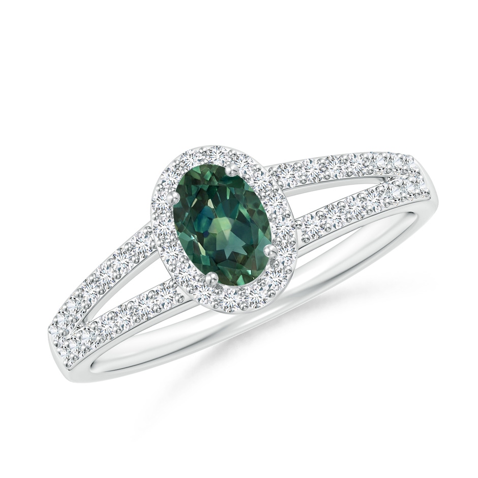 6x4mm AA Oval Teal Montana Sapphire Split Shank Halo Ring in P950 Platinum 