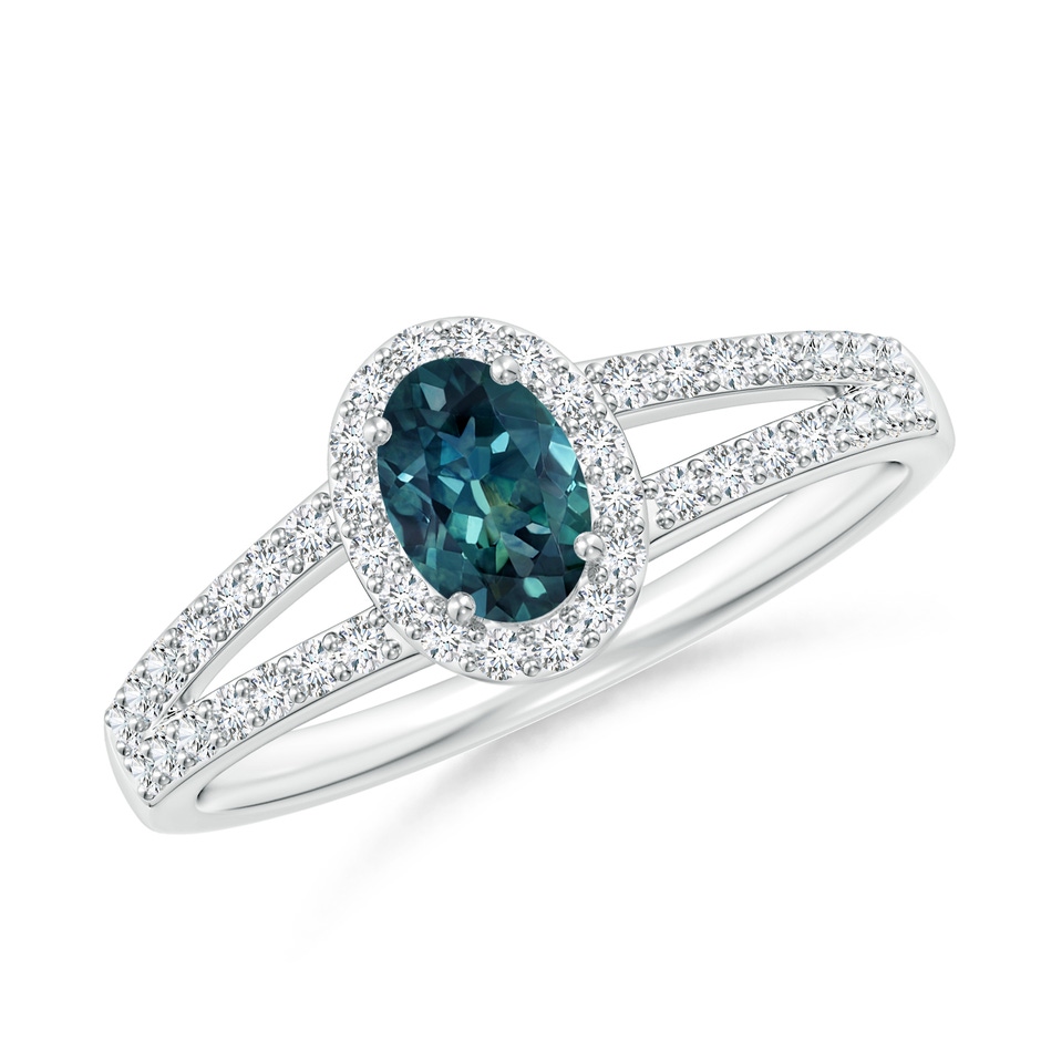 6x4mm AAA Oval Teal Montana Sapphire Split Shank Halo Ring in White Gold 