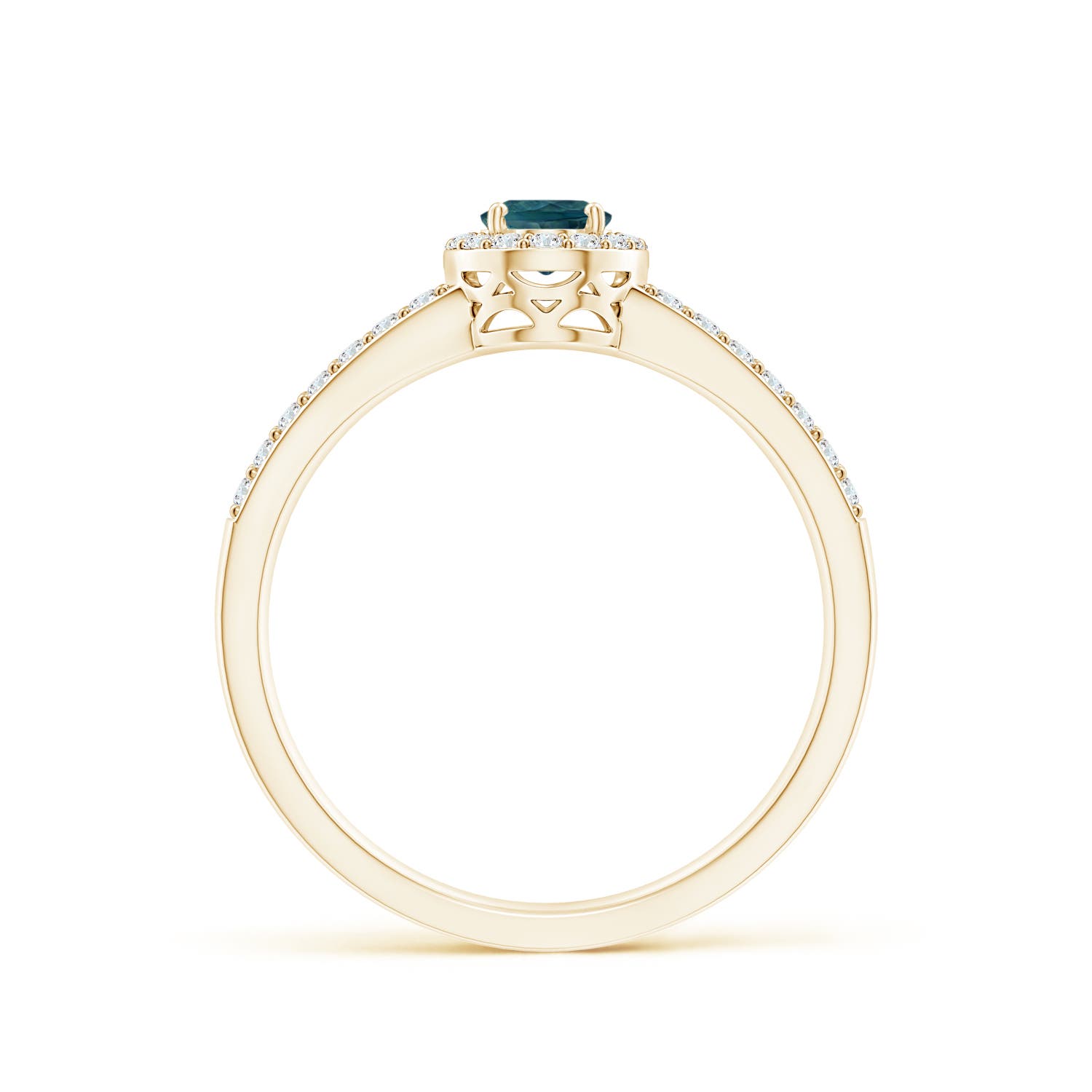 6x4mm AAA Oval Teal Montana Sapphire Split Shank Halo Ring in Yellow Gold - side 1