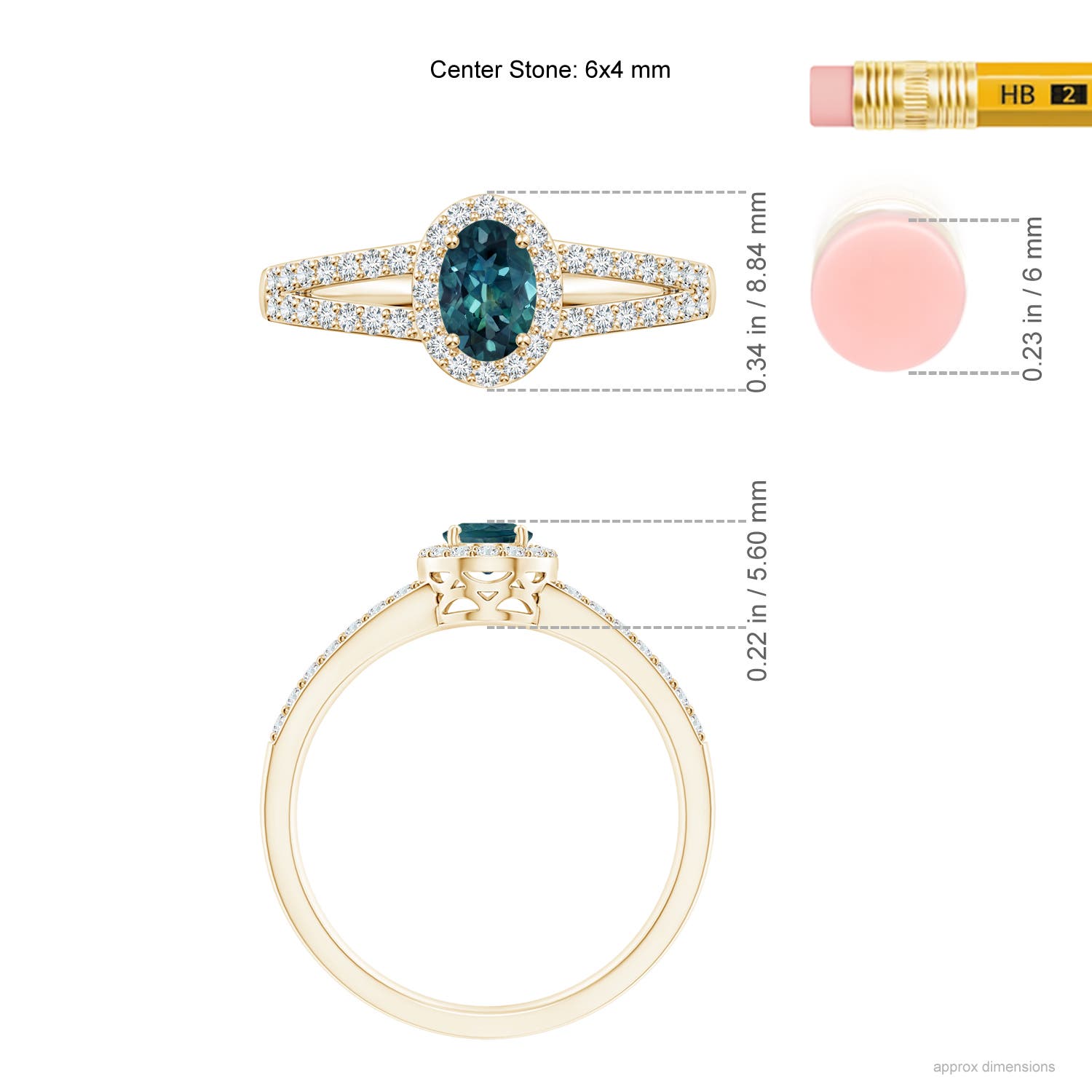 6x4mm AAA Oval Teal Montana Sapphire Split Shank Halo Ring in Yellow Gold - ruler