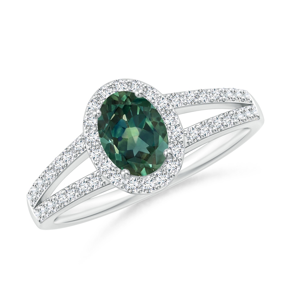 7x5mm AA Oval Teal Montana Sapphire Split Shank Halo Ring in White Gold 