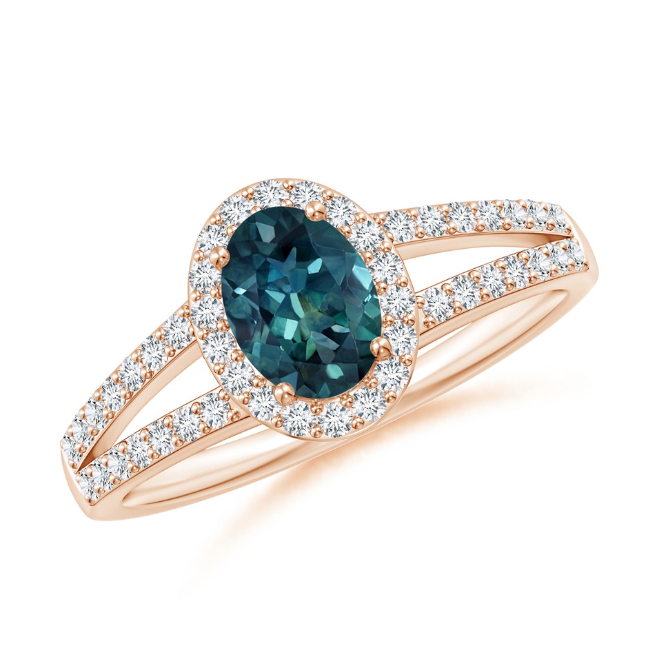7x5mm AAA Oval Teal Montana Sapphire Split Shank Halo Ring in Rose Gold 