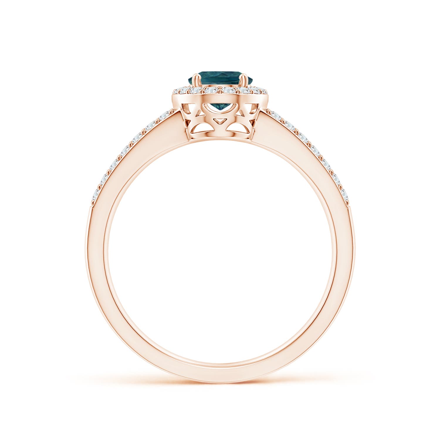 7x5mm AAA Oval Teal Montana Sapphire Split Shank Halo Ring in Rose Gold