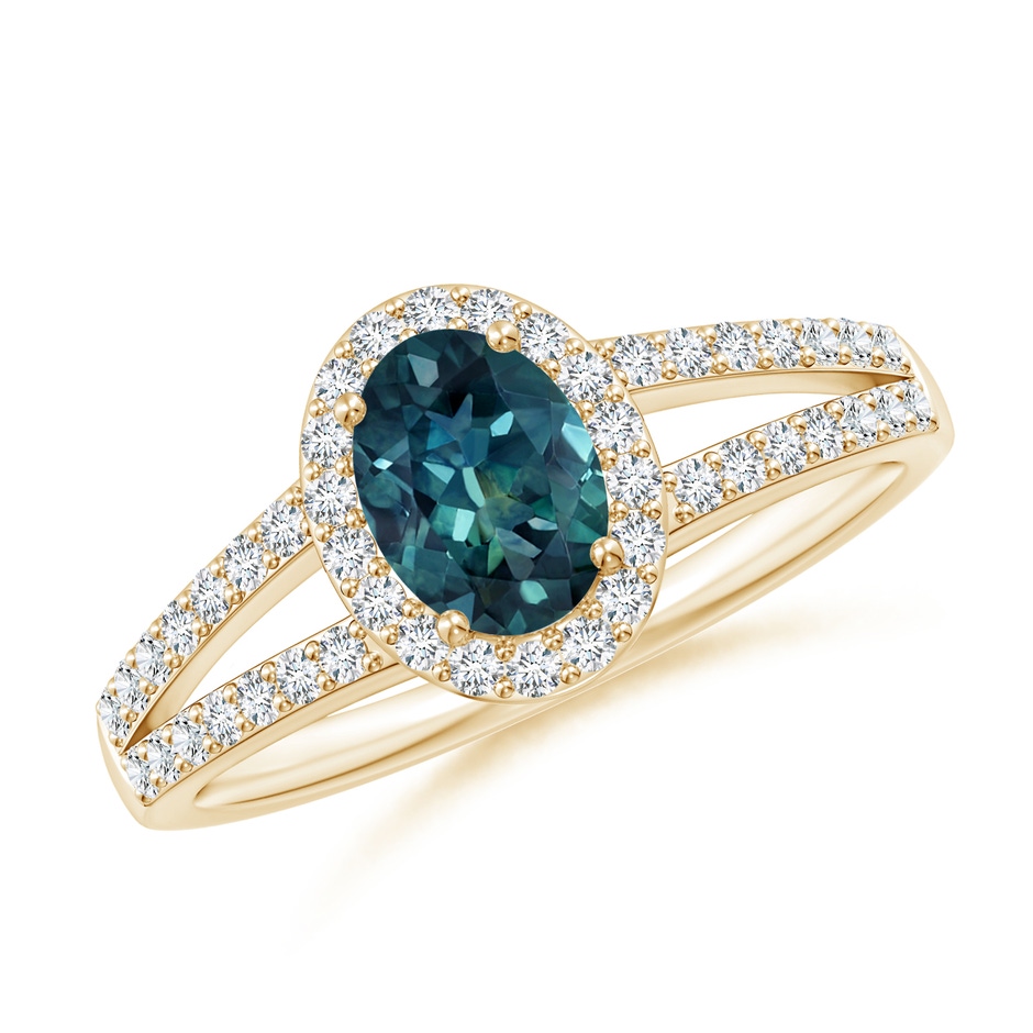 7x5mm AAA Oval Teal Montana Sapphire Split Shank Halo Ring in Yellow Gold 