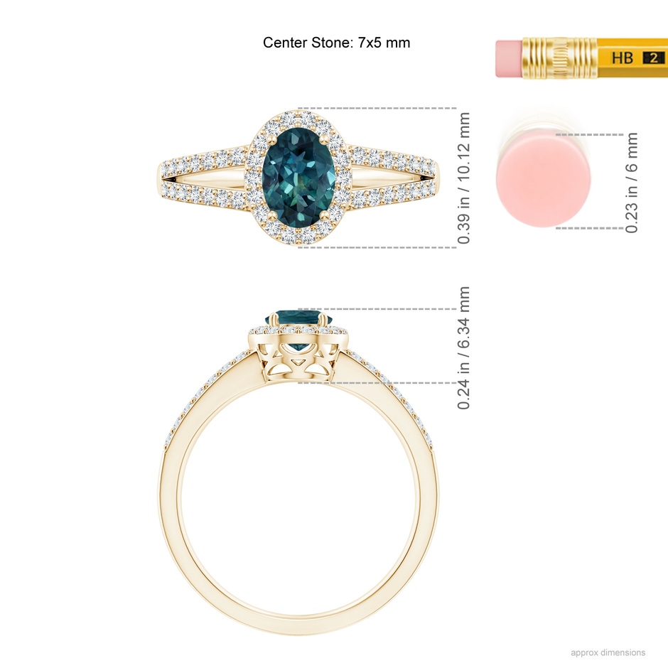 7x5mm AAA Oval Teal Montana Sapphire Split Shank Halo Ring in Yellow Gold ruler