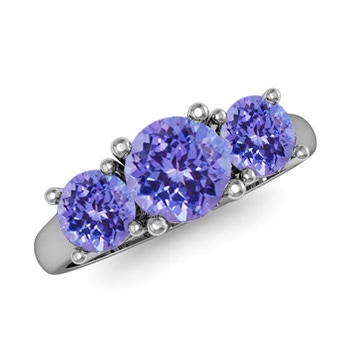 5mm AAA Classic Round Tanzanite Three Stone Ring in White Gold