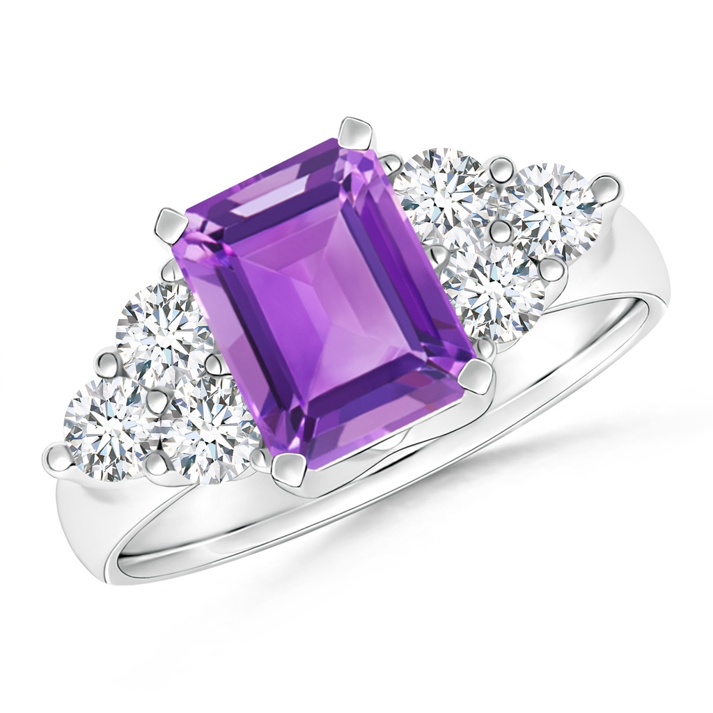 8x6mm AA Emerald-Cut Amethyst Ring with Trio Diamonds in White Gold