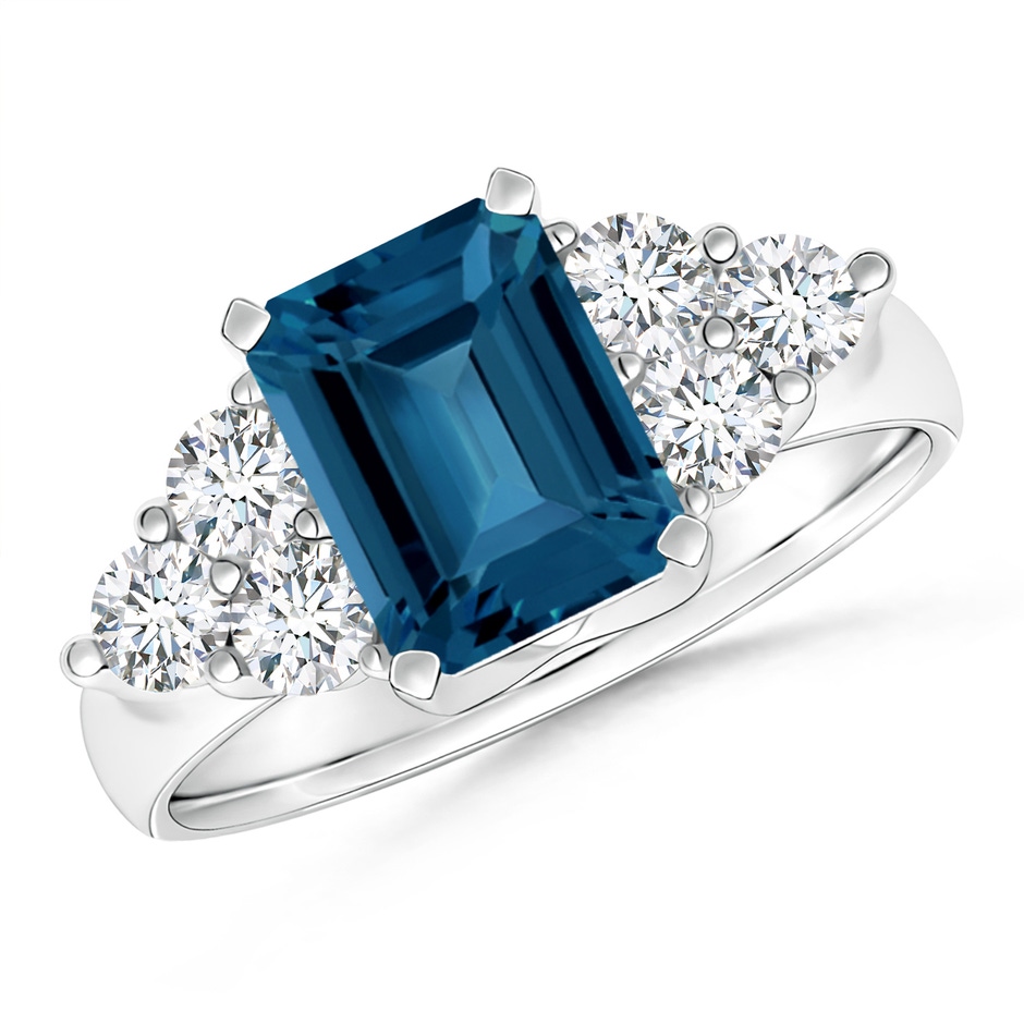 8x6mm AAA Emerald Cut London Blue Topaz Ring with Trio Diamond Accents in P950 Platinum 