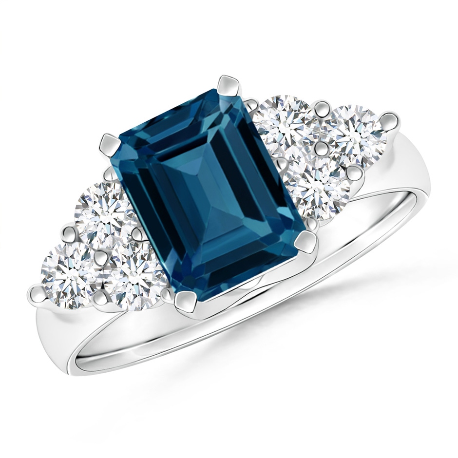 8x6mm AAAA Emerald Cut London Blue Topaz Ring with Trio Diamond Accents in P950 Platinum 