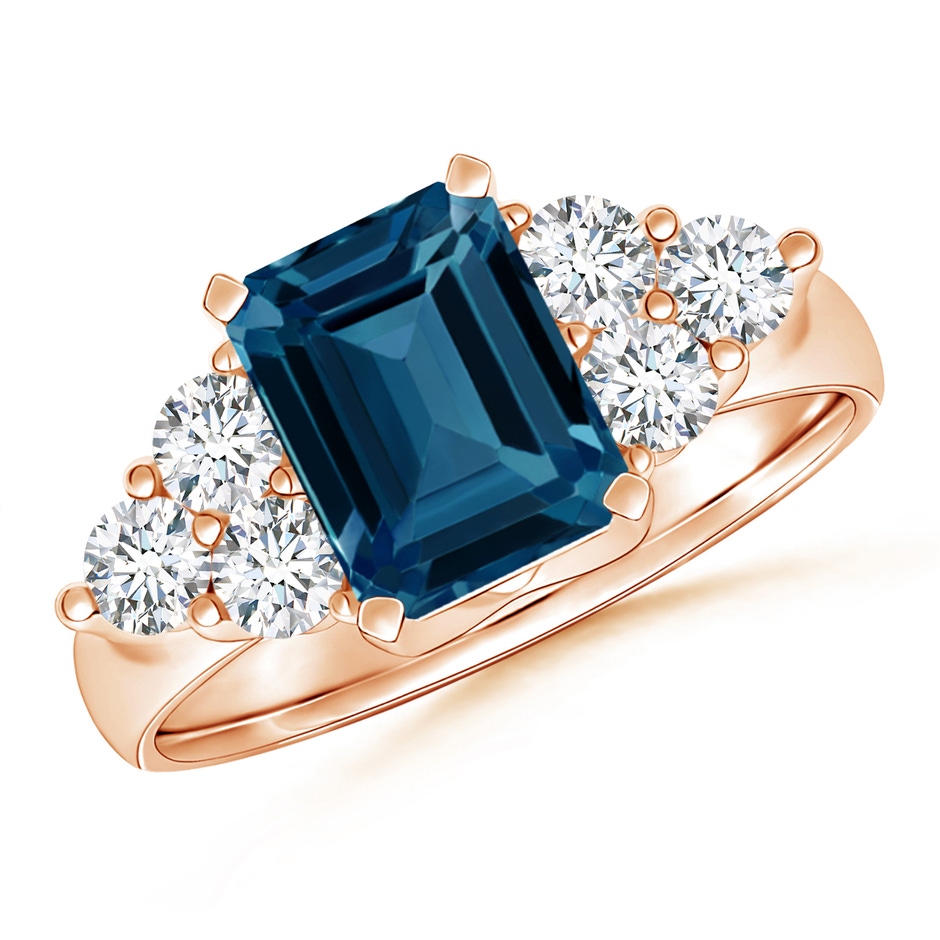 8x6mm AAAA Emerald Cut London Blue Topaz Ring with Trio Diamond Accents in Rose Gold 