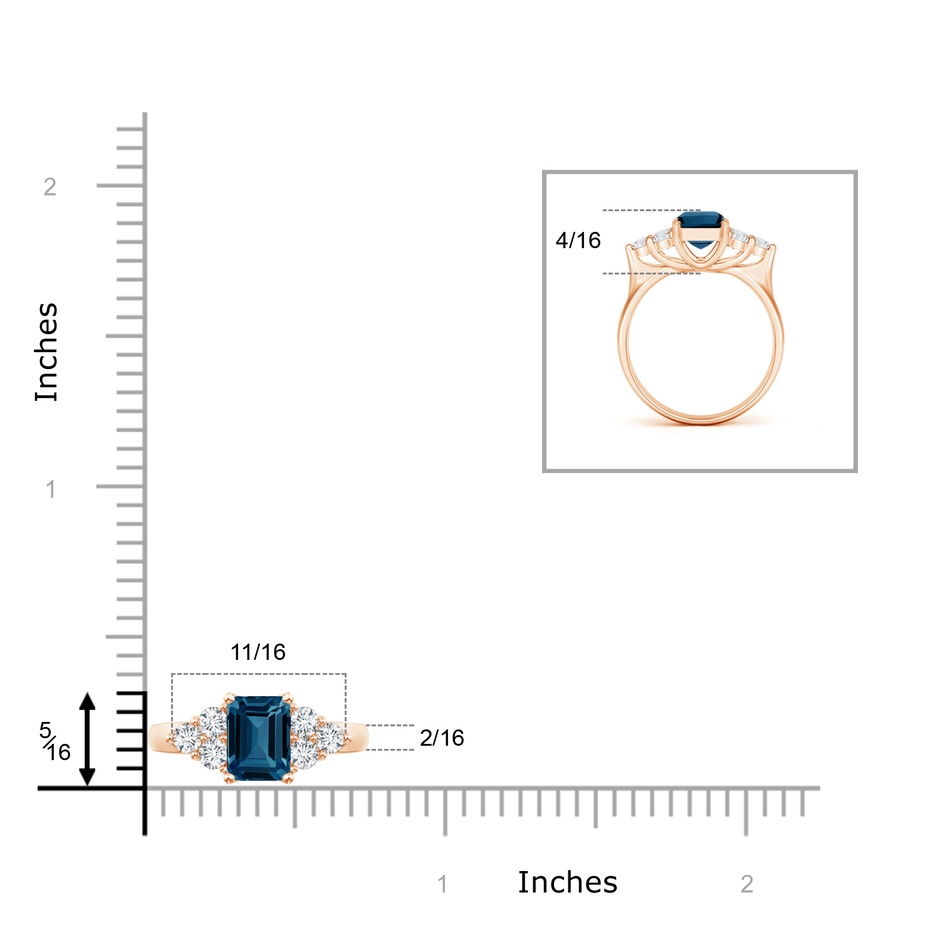 8x6mm AAAA Emerald Cut London Blue Topaz Ring with Trio Diamond Accents in Rose Gold product image