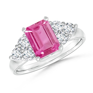 7x5mm AAA Emerald-Cut Pink Sapphire Ring with Trio Diamonds in White Gold