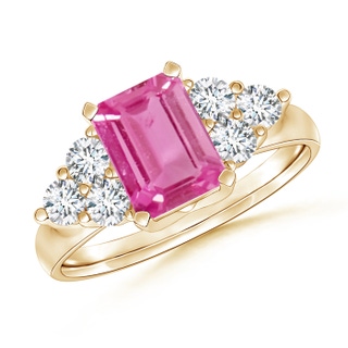 7x5mm AAA Emerald-Cut Pink Sapphire Ring with Trio Diamonds in Yellow Gold