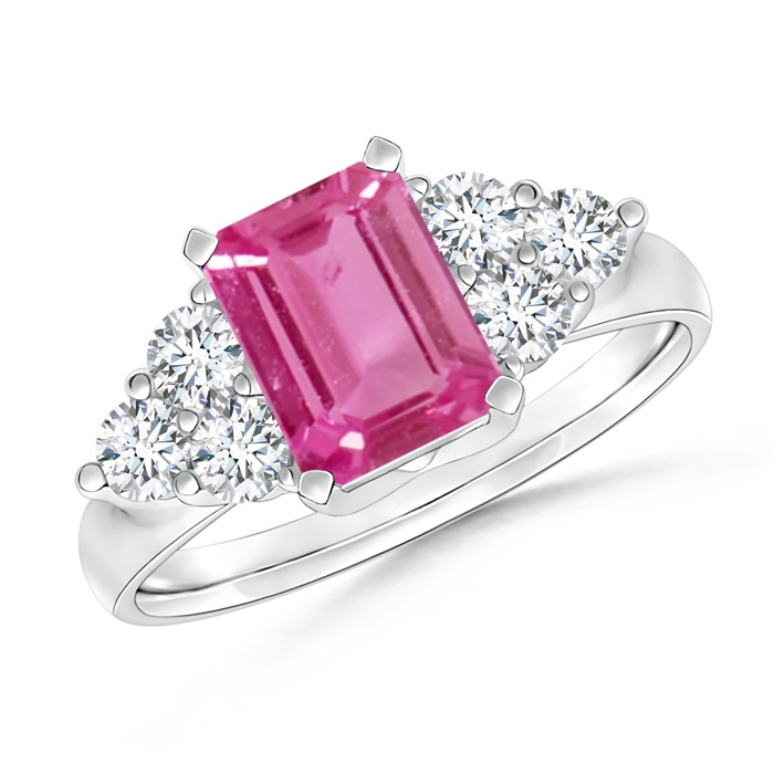 7x5mm AAAA Emerald-Cut Pink Sapphire Ring with Trio Diamonds in P950 Platinum
