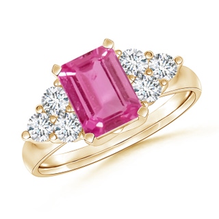 7x5mm AAAA Emerald-Cut Pink Sapphire Ring with Trio Diamonds in Yellow Gold