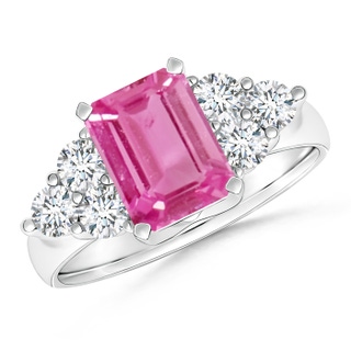 8x6mm AAA Emerald-Cut Pink Sapphire Ring with Trio Diamonds in White Gold